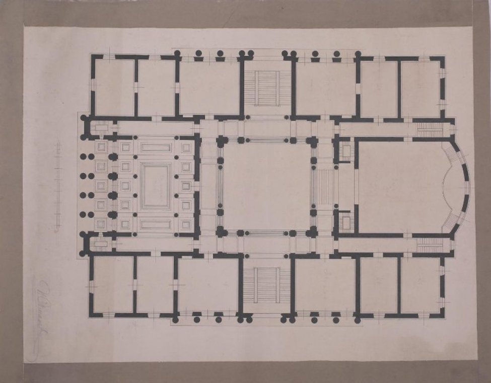 Изображен план здания, состоящий из большого зала, зала для лекций, "пушкинского" зала, музея и других небольших комнат и зал.