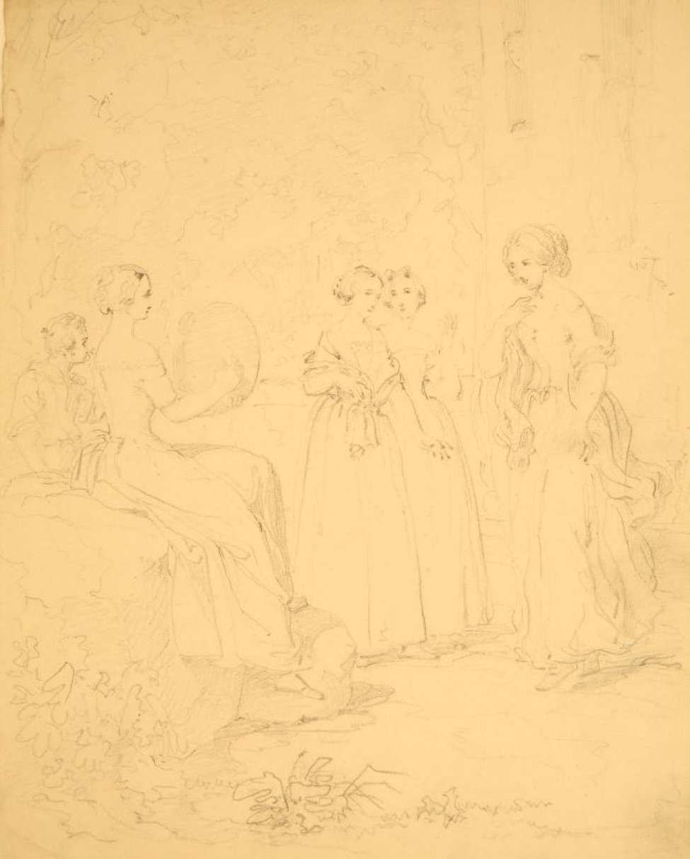 Изображена жанровая сцена. Слева на камне сидит, играющая на бубне женщина, слева от нее - молодой человек, справа - танцующая женщина и две стоящих поодаль. Все в костюмах середины 19 века.