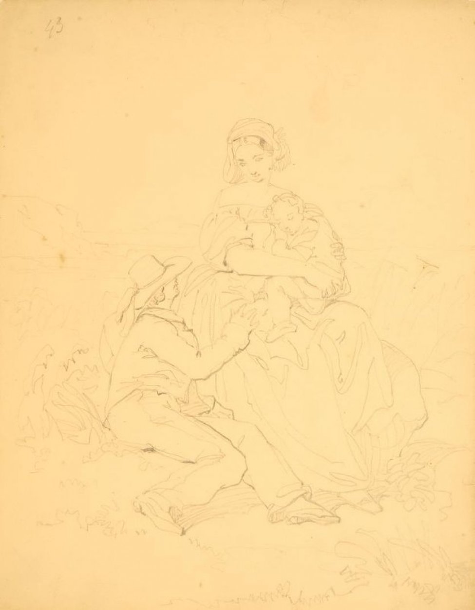Изображена жанровая сценка. На пригорке сидит женщина с ребенком на руках. Слева от нее - сидит молодой человек в шляпе. Все в костюмах середины 19 века.