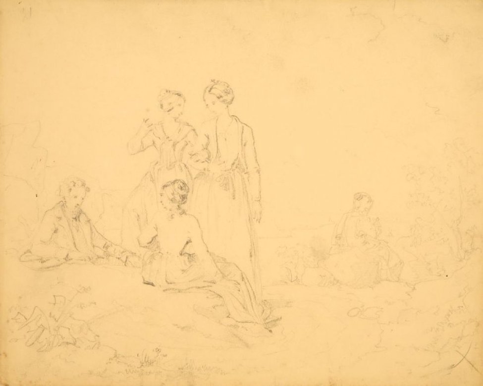 На пригорке возле реки изображена группа людей: слева - сидящий молодой мужчина и три дамы, из которых две стоят. Справа в отдалении -  сидящая женщина. Все в костюмах середины 19 века.