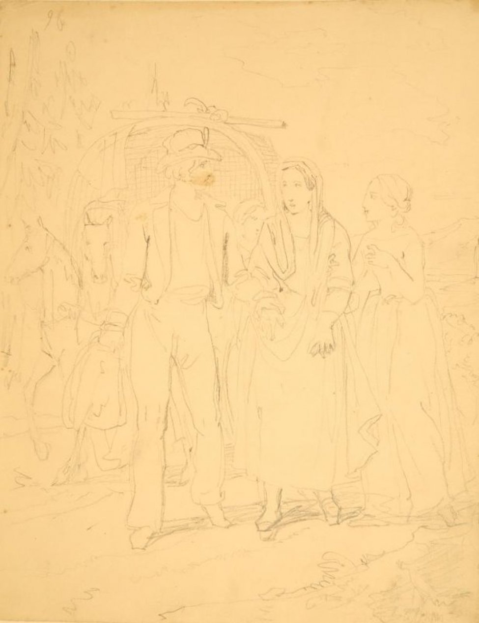 Изображена дорожная жанровая сценка. В центре композиции изображена группа идущих, состоящая из фигур двух женщин и молодого человека. Все в костюмах середины 19 века. За ними виден экипаж с двумя впряженными лошадьми.
