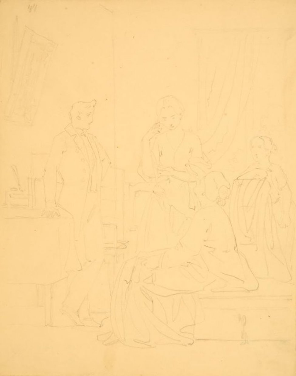 Изображена комната. Слева, опираясь правой рукой о стол,  стоит молодой человек. Справа от него - три женские фигуры. Все в костюмах середины 19 века.