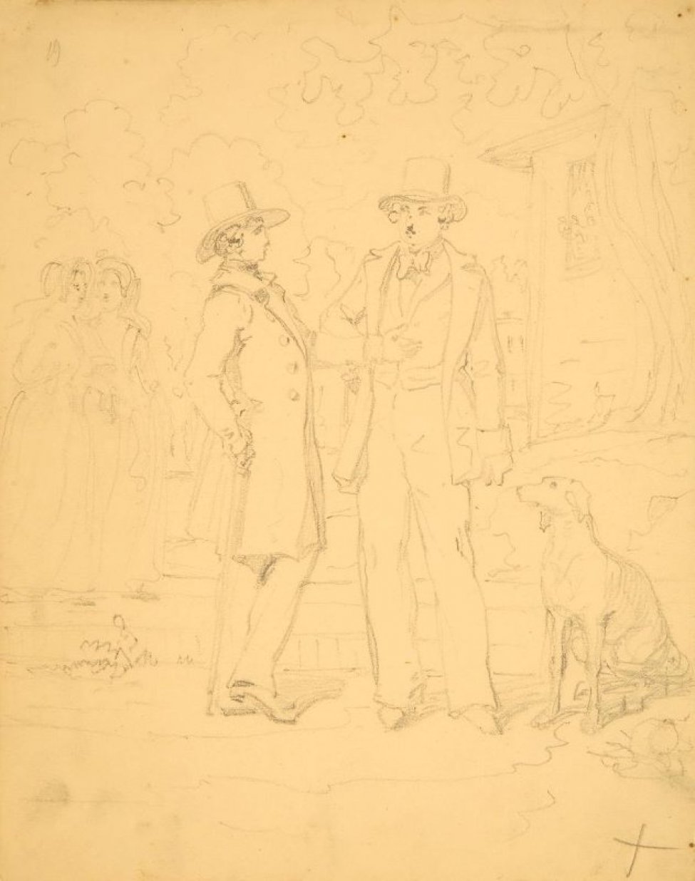 Изображена жанровая сценка на улице. В центре композиции - стоят два молодых человека в шляпах и фраках, справа от них сидит собака, вдали слева показаны фигуры двух молодых женщин.