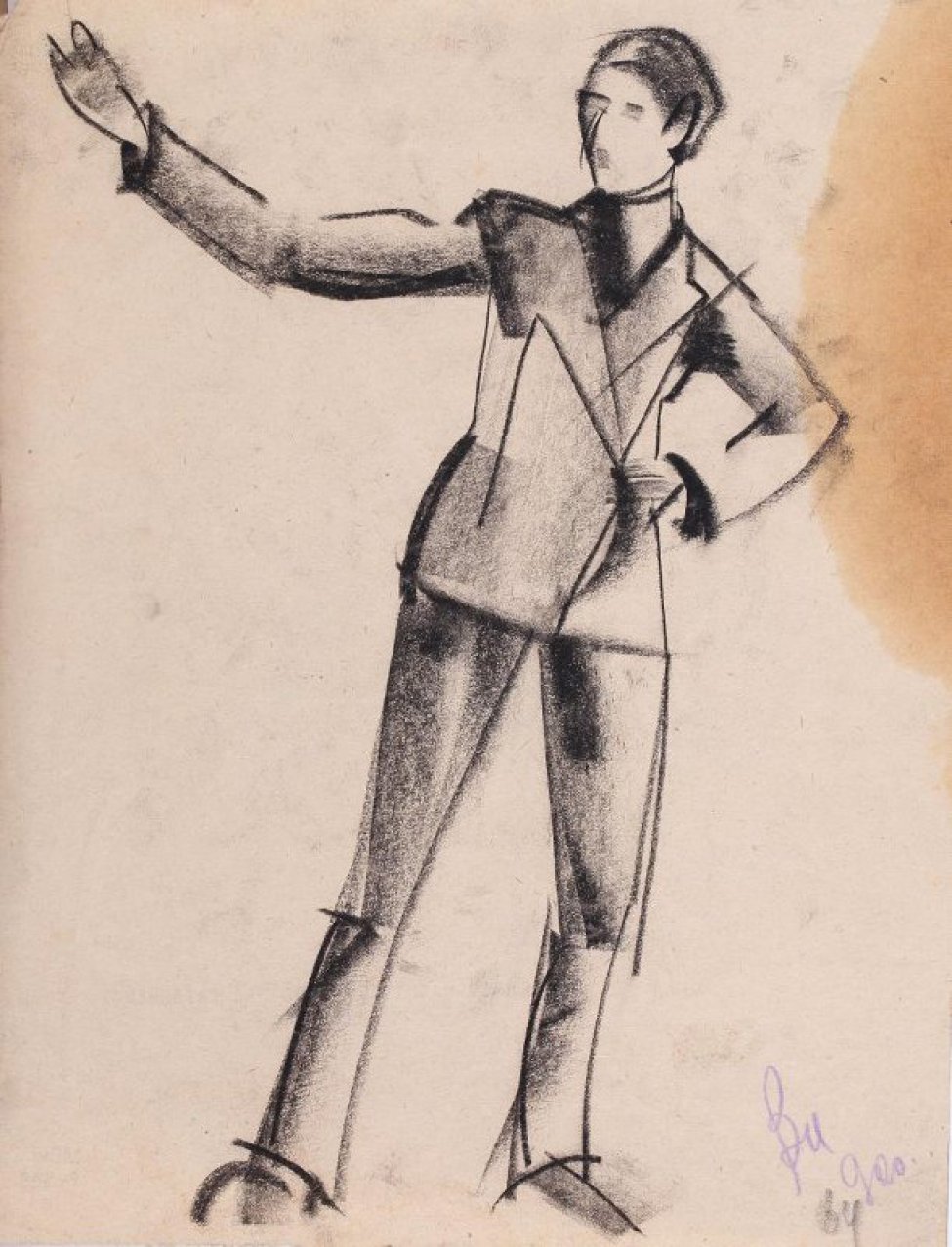 Изображен молодой мужчина в костюме в рост; корпус наклонен вправо; правая рука вытянута вперед, левая лежит на бедре.