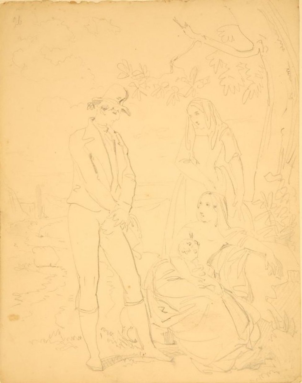 Изображена жанровая сцена. Возле дерева справа - сидит женщина с младенцем, за ними еще одна женщина. Слева от них стоит молодой человек в шляпе. Все в костюмах середины 19 века.