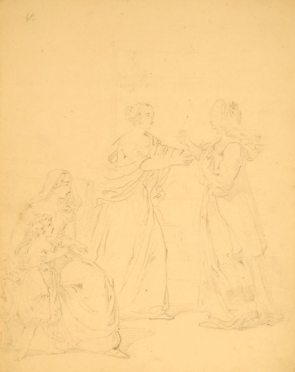 Изображена жанровая сценка встречи двух женщин. Слева от них сидит женщина с ребенком. Все в костюмах середины 19 века.
