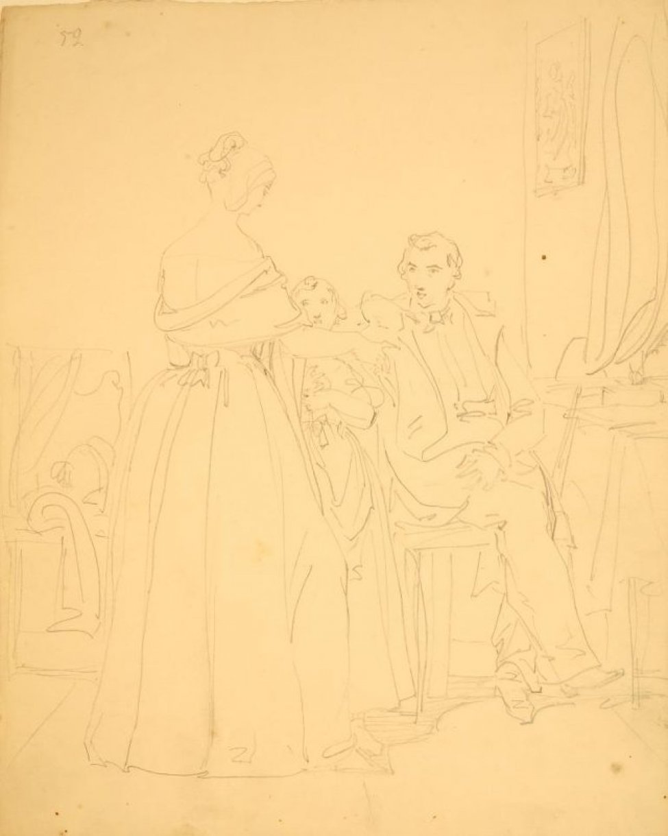 Изображен интерьер комнаты. Справа у стола сидит мужчина, рядом с ним стоит женщина с девочкой. Все в костюмах середины 19 века.