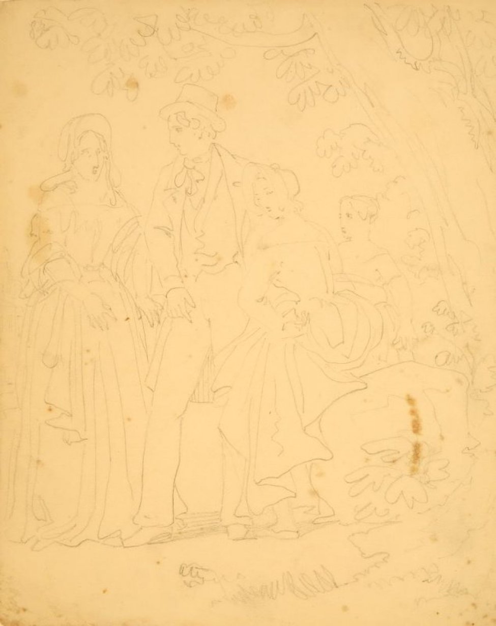 Изображена жанровая сценка. Около раскидистого дерева стоит группа, состоящая из мужчины и трех женщин. Все в костюмах середины 19 века.