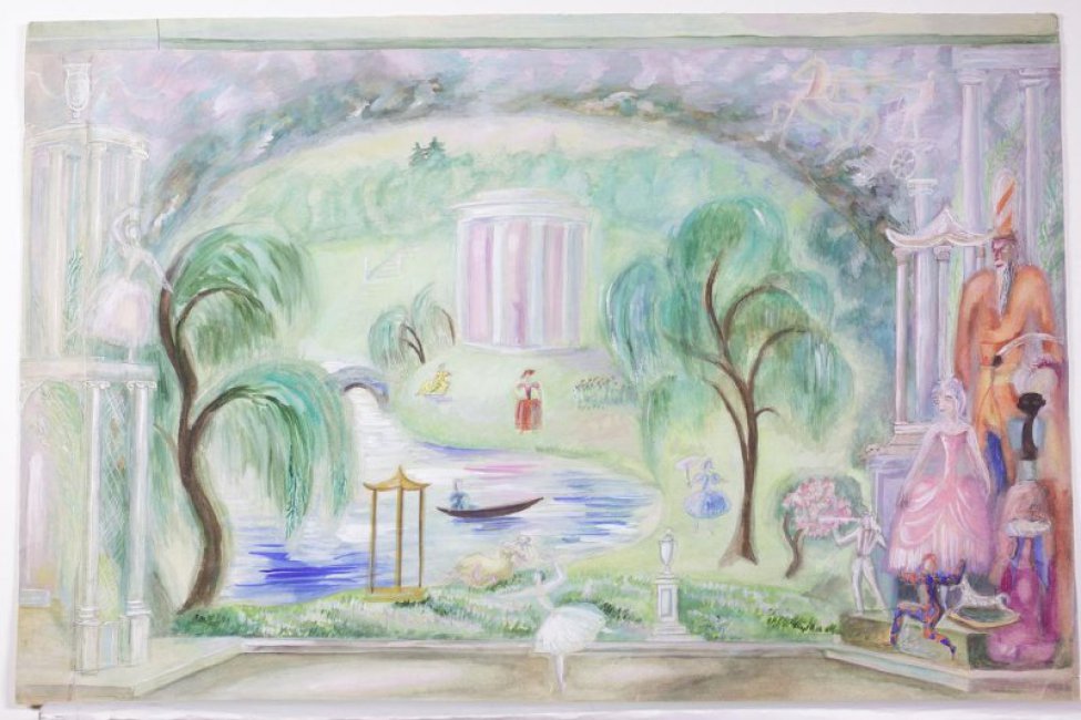 На первом плане, в центре, танцующая балерина; справа - фигуры шести артистов в костюмах сказочных персонажей. Слева - макет садовой двухъярусной беседки с балериной. На втором плане - изображен парк с китайской беседкой, с озером и ротондой.