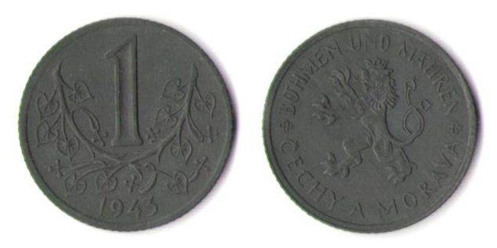 Аверс: В центре --малый герб протектората Богемии и Моравии: «двухвостый лев в прыжке, устремлённый влево, с разинутой пастью, высунутым языком», на голове корона с тремя большими зубцами. Вокруг герба надписи: вверху -- BÖHMEN UND MÄHREN; внизу -- ČECHY A MORAVA. Слева и справа надписи разделены розеткой из 4-х лепестков, расположенных в виде креста. По краю монеты линейный буртик.
Реверс: В верхней части реверса  обозначений номинала -- цифра 1. Цифра большого размера, занимает более половины диаметра реверса. Вокруг цифры венок из двух стилизованных ветвей хмеля (цветки в форме крестов, листья в форме сердца), расположенных вершинами вниз и скрещённых под цифрой номинала. Внизу, между ветвями и буртиком, дата: 1943. По краю монеты линейный буртик.
Гурт: сетчатый