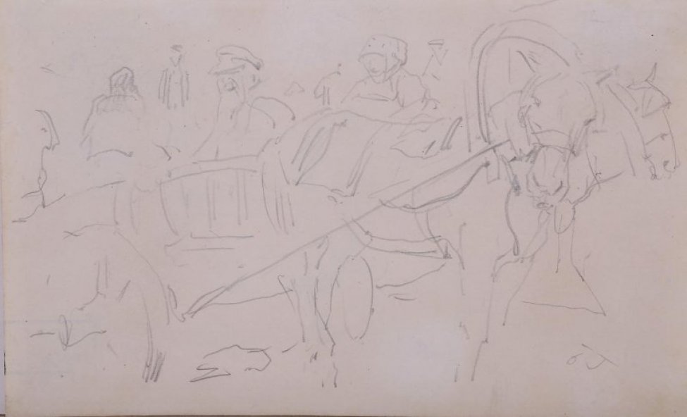 Изображена лошадь в профиль, запряженная в телегу; на телеге сидит мужчина в фуражке. В другой телеге сидит женщина. Вдали - фигуры людей.