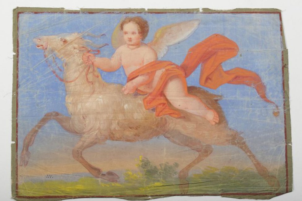Изображен купидон на скачущем козле с развевающимся куском алой ткани.