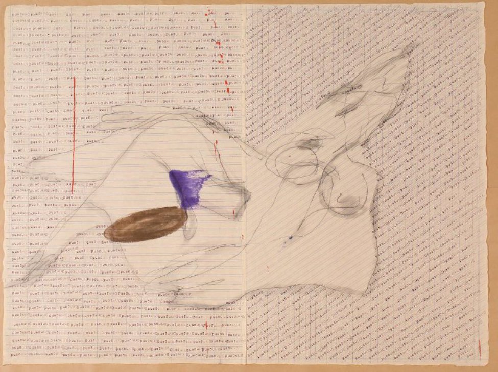 На белом разлинованном фоне угадывается изображение лежащей женской фигуры; на изображении ног - два пятна: коричневое и фиолетовое. Вокруг изображения по всему листу при помощи штампа напечатано слово "Dringend".