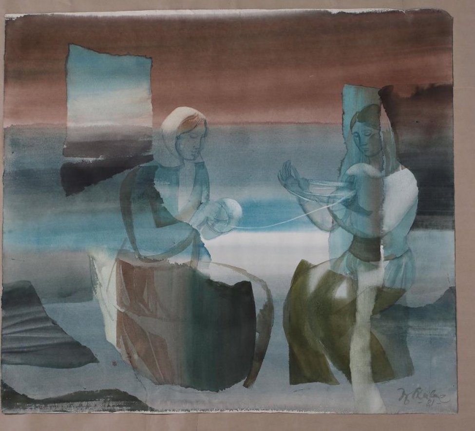 На фоне морского пейзажа с парусной лодкой - фигуры двух сидящих женщин, сматывающих пряжу.