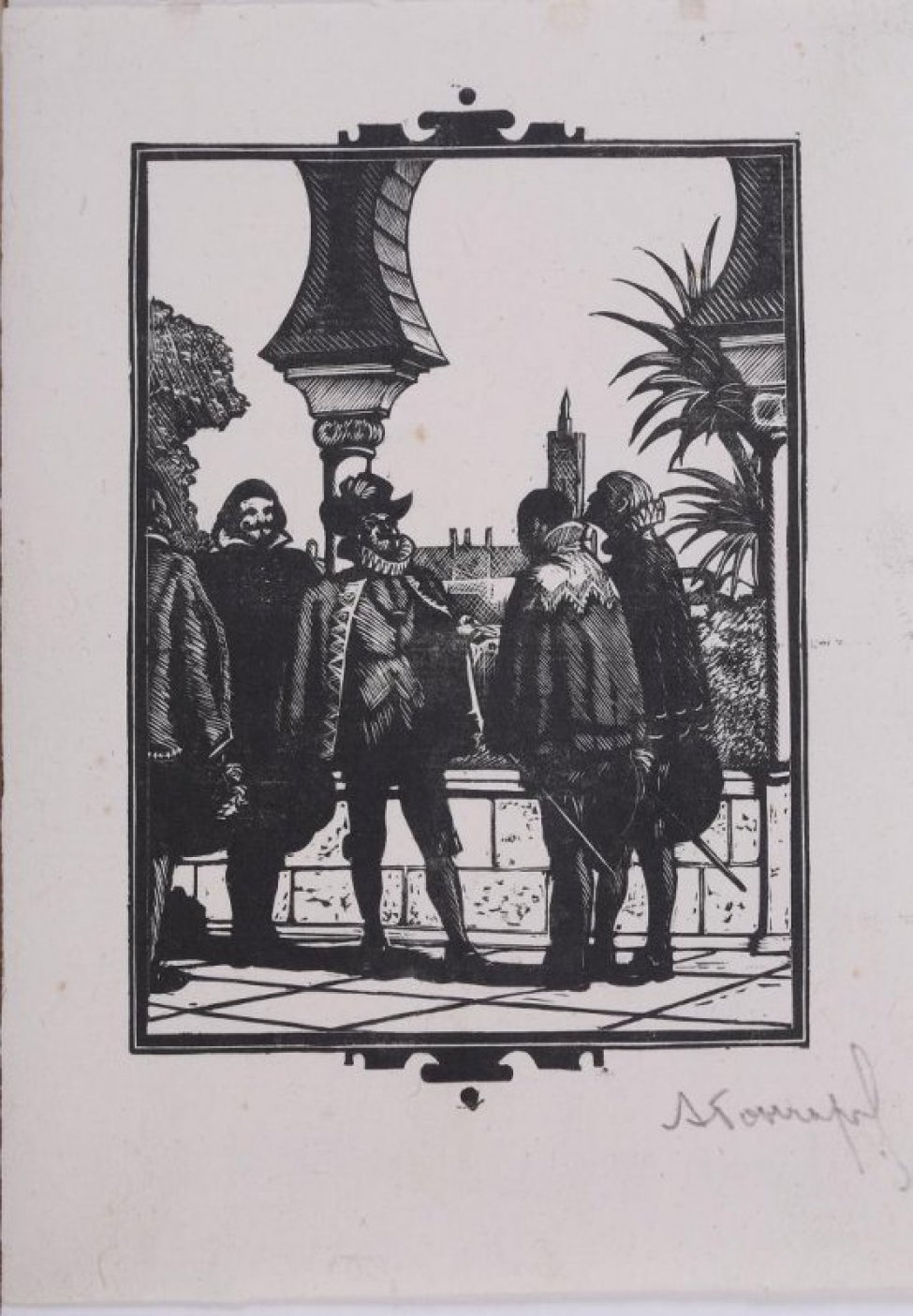 На фоне архитектурного пейзажа изображена группа мужчин из пяти человек в старинных испанских костюмах с высокими гофрированными воротниками: справа двое со шпагами и шляпами в руках, слева- трое, фигура одного из них фрагментирована левым краем гравюры.