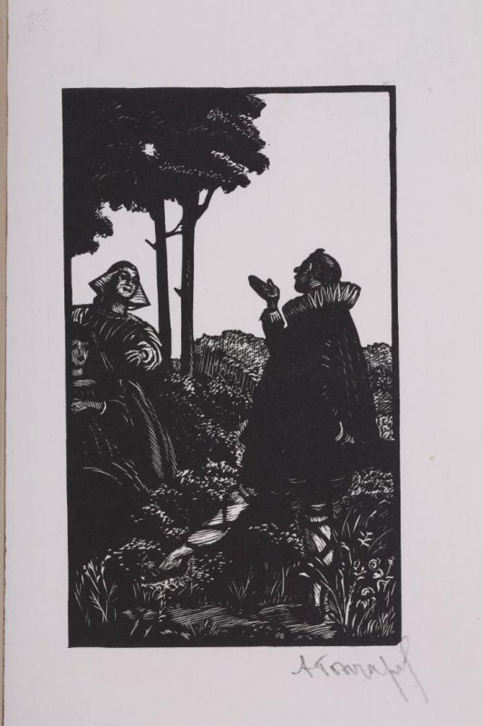 На первом плане справа дана фигура мужчины в одежде с высоким гофрированным воротником, он стоит на одной ноге, другая поднята, носок вынянут. Слева две женские фигуры в длинных платьях, фрагментированное краем гравюры. За ними видны два дерева с пышными кронами.