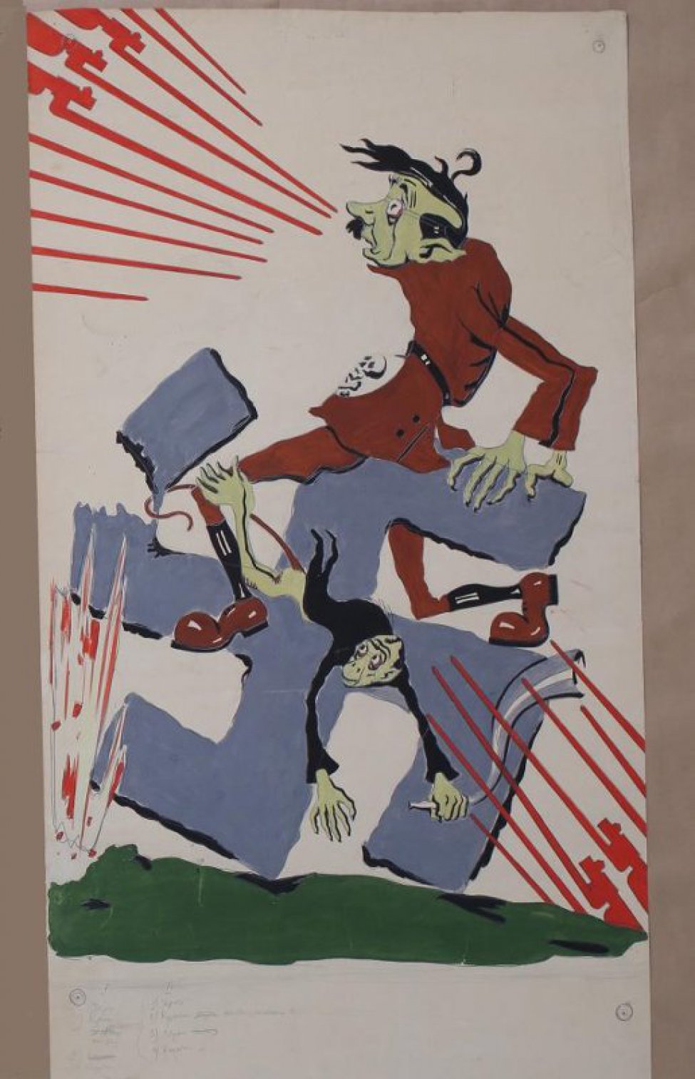 В центре композиции изображен падающий с развалившегося креста мужчина. Другой мужчина еле удерживается на свастике. Слева вверху изображены красные штыки винтовок  направленные на мужчин.