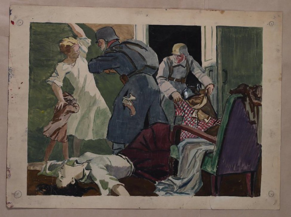 В интерьере комнаты справа изображена убитая женщина лежащая на полу. За ней стоит женщина в светлом платье с ребенком. Слева два солдата в касках со свастикой. Один из них замахнулся на женщину, другой собирает в узел вещи.