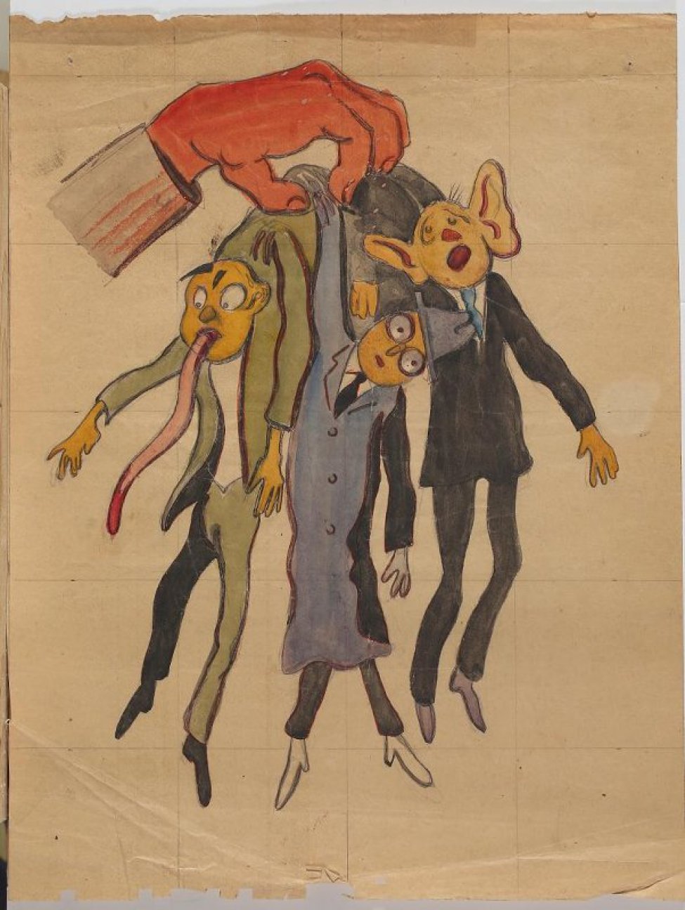 Слева вверху изображена красная рука держащая за шиворот трех мужчин с длинным языком, в розовых очках, с большими ушами.