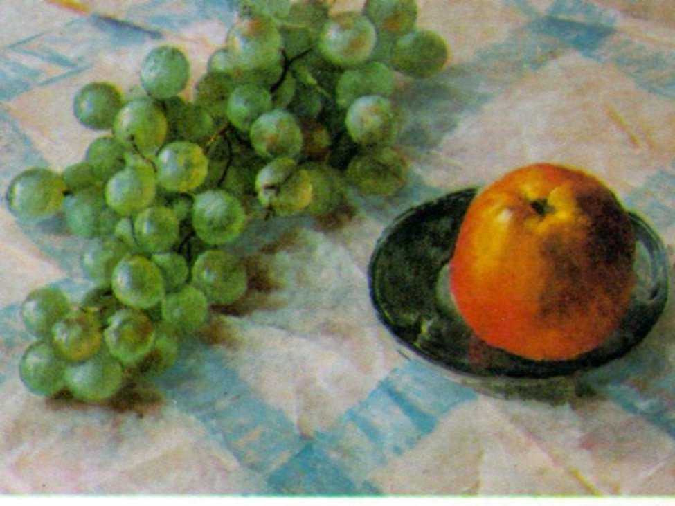 Изображена гроздь крупного зеленого винограда на скатерти стола. В правом углу стола на синем блюдце лежит крупное желто-красное яблоко. Скатерть розовая с крупными синими клетками занимает все пространство.