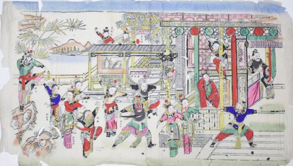 На переднем плане изображена группа танцующих мужчин и женщин, среди них- в центре-лицом к зрителю изображен пляшущий мужчина с черной бородой, с лицом-маской. Фигуры изображены на фоне пейзажа и части китайского дома (в правой части). Справа-крыльцо дома с тремя фигурками. Одна из них стоит у балюстрады, другая-повисла на колонче крыльца и третья (мужчина) стоит расставив широко ноги на ступеньках крыльца. В глубине крыльца-изображен сидящий за столом бородатый мужчина.