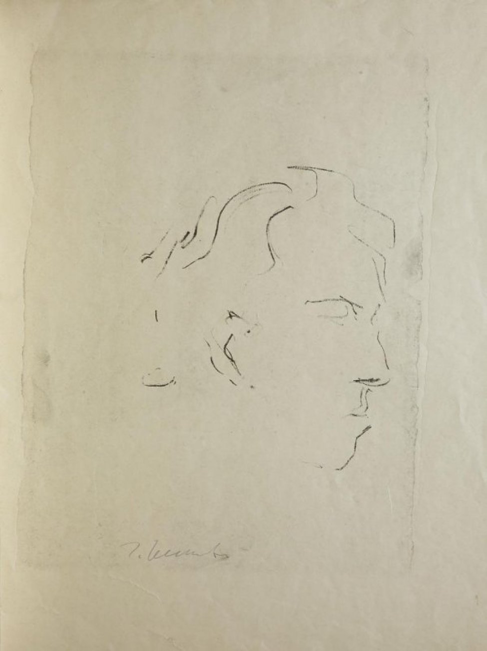 В прямоугольнике оттиска литографского камня с неровными краями дано изображение головы мужчины средних лет в профиль с длинными волнистыми волосами, зачесанными назад.