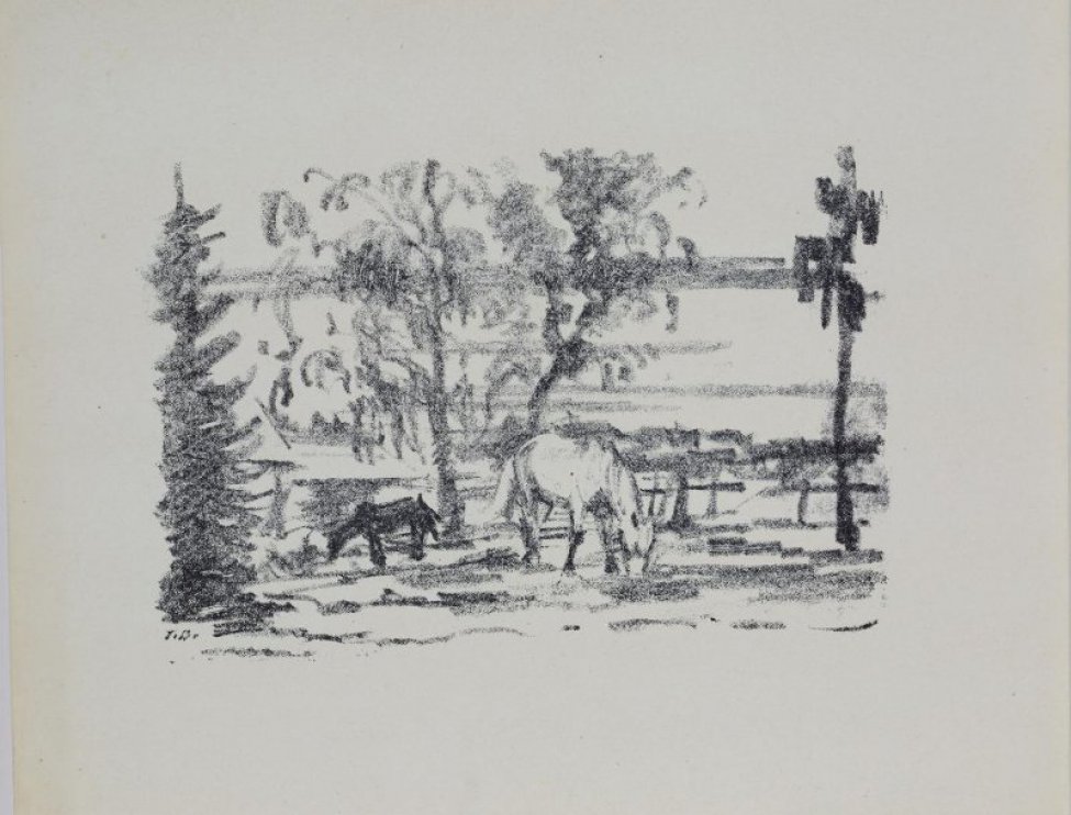 Изображен деревенский пейзаж. На переднем плане в центре композиции лошадь светлой масти и жеребенок темной масти. На втором плане два дерева с раскидистыми кронами, виднеются дома,за ними поля.