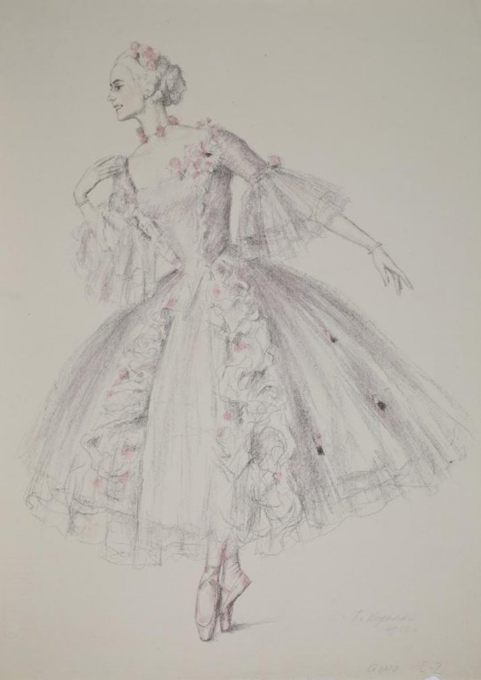 Изображена балерина, стоящая на пуантах, в длинном пышном платье с оборками  и розами. Правая рука поднята к плечу, левая вытянута вниз и чуть отведена в сторону.