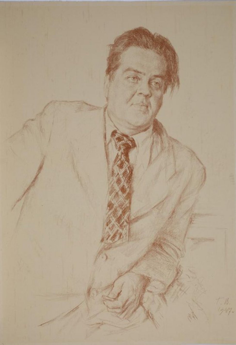 Дано поясное изображение мужчины средних лет в светлом пиджаке и клетчатом галстуке, в левой руке карандаш, фигура расположена по диагонали листа. Справа внизу Г.В.  и дата 1947.