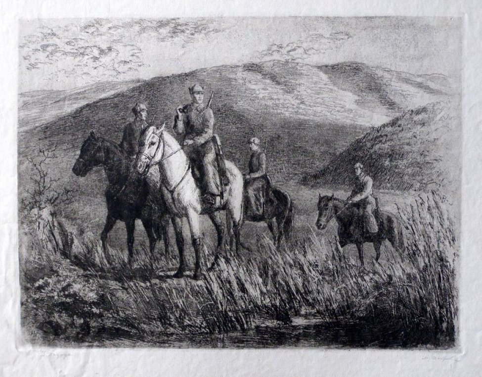 В степи изображены четыре вооруженных красноармейца верхом на конях. У одного из них в руках бинокль. Вдали высокие курганы.