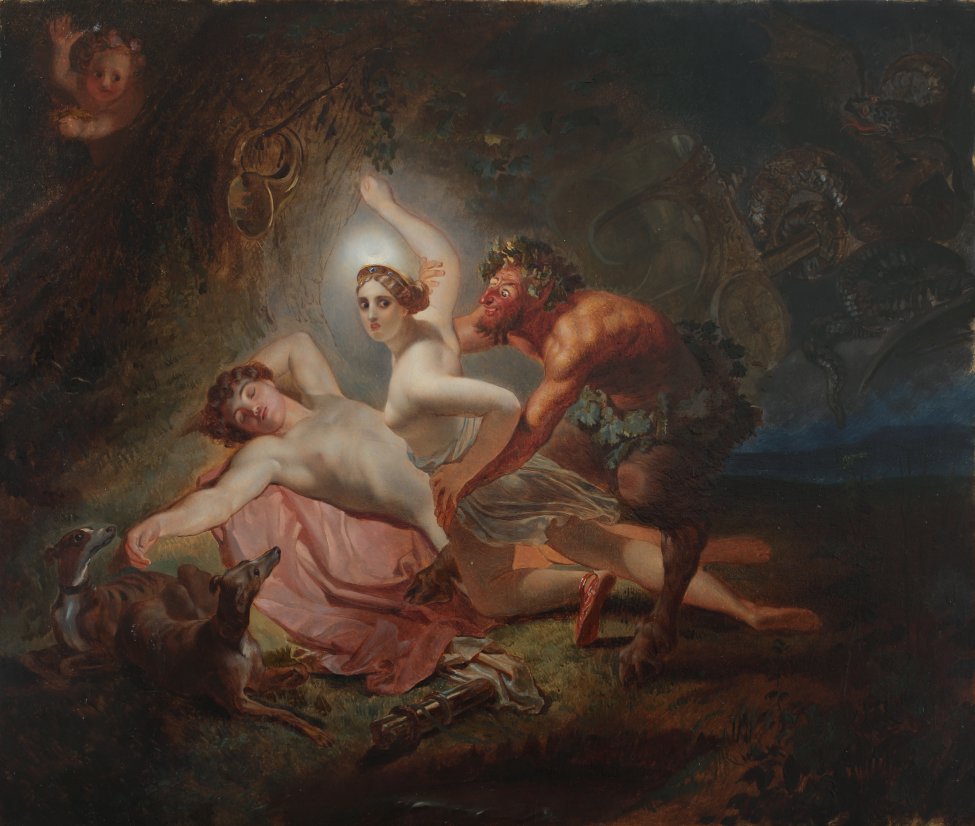 Изображен мифологический сюжет. В центре композиции - спящий на светло-розовом покрывале обнаженный юноша, полуобнаженная женщина, опирающаяся на левое колено, справа - сатир, обхвативший женщину.