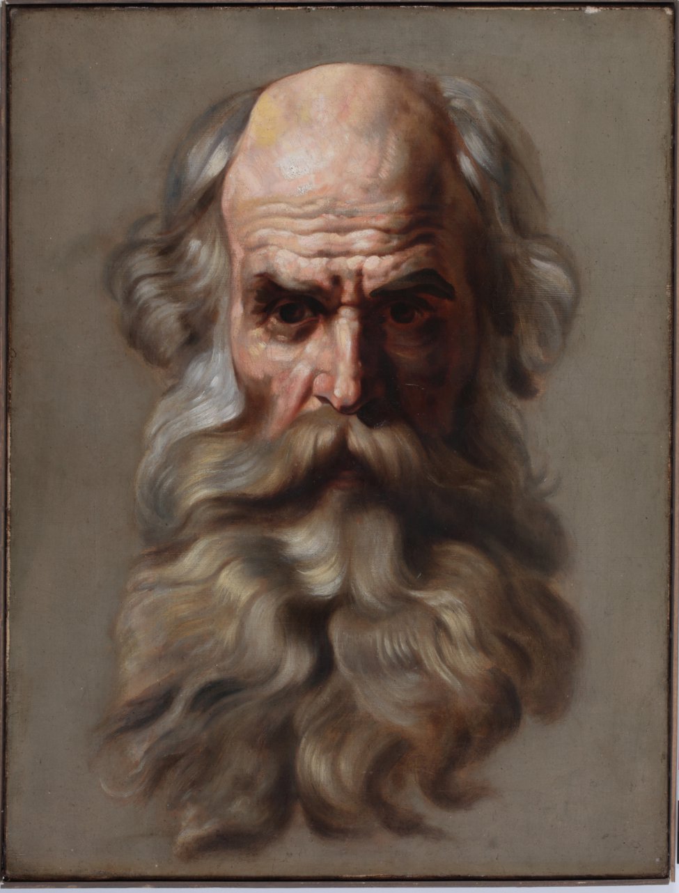Изображает на сером фоне голову седого старика с длинными волосами и большой бородой. Голова лысая, лоб в глубоких морщинах, лицо обращено прямо, его правая сторона (от зрителя) в тени.