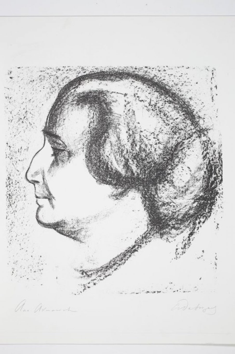 Изображена в профиль голова А.А.Ахматовой.Волосы зачесаны назад и уложены большим узлом на затылке. На шее- бусы.