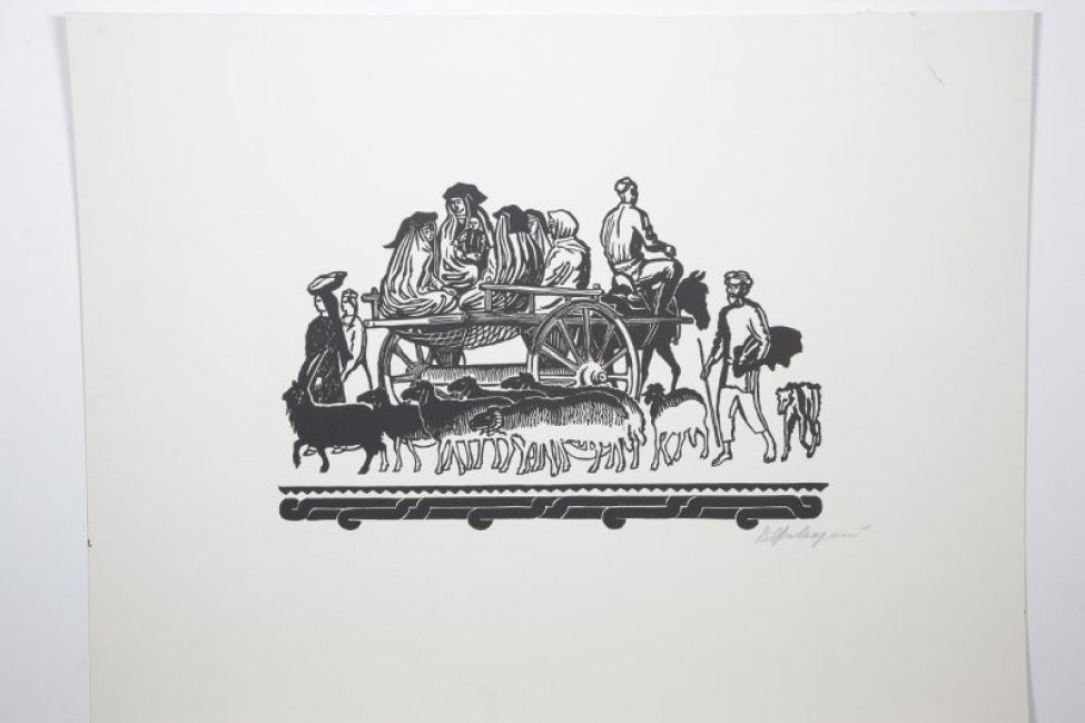 Изображена арба с сидящими в ней пятью женщинами. Лошадь везет арбу вправо, в глубь; на лошади сидит мужчина; на переднем плане отара овец и пастух с палкой в правой руке.