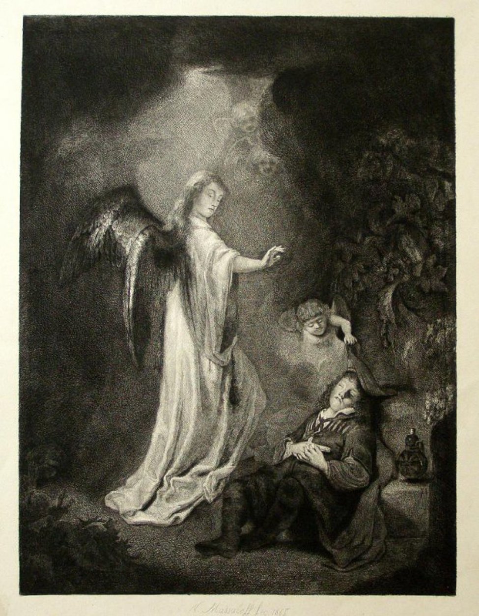 В центре композиции изображение ангела в светлой одежде распростершего руку над спящим юношей.