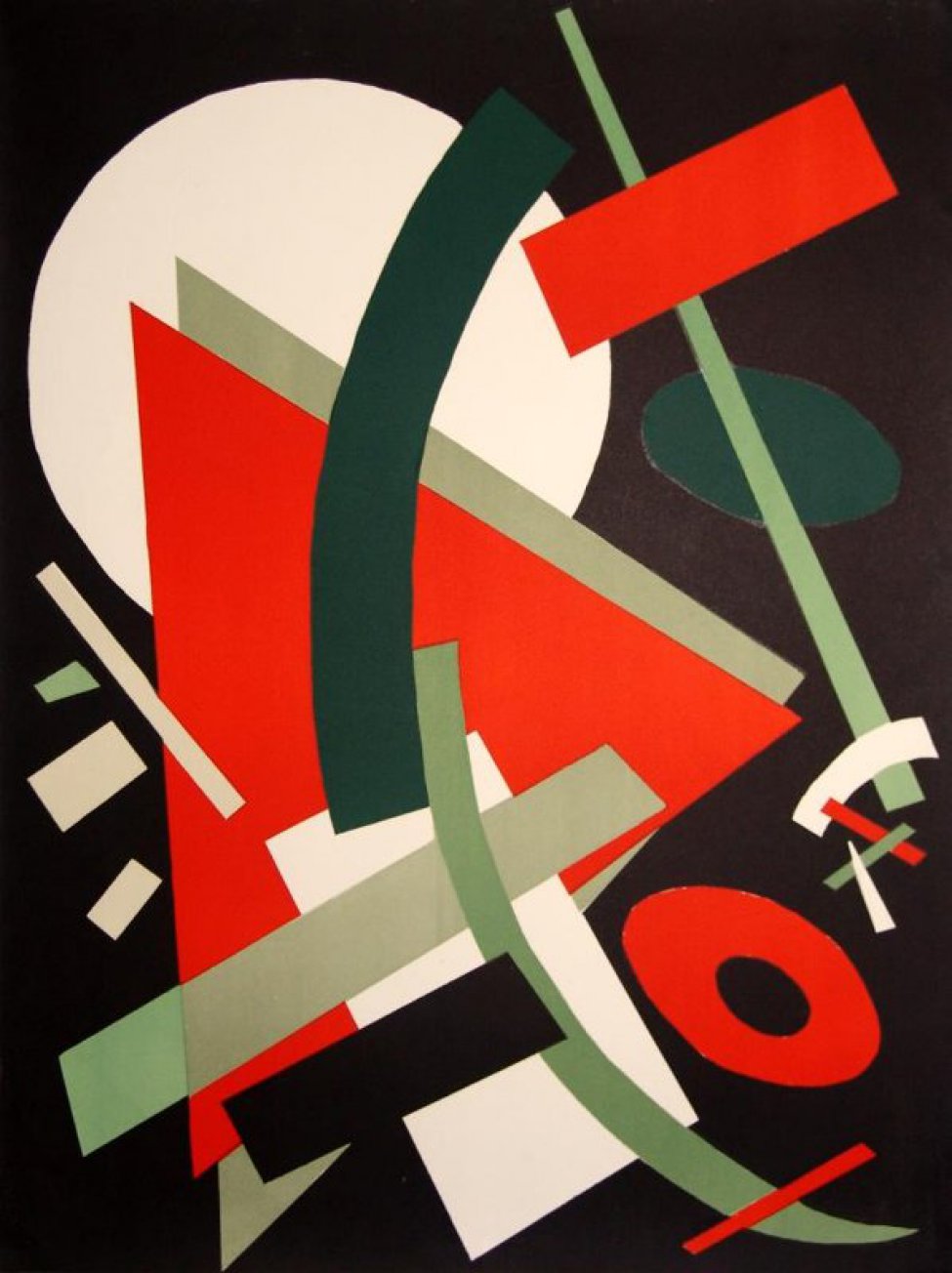 На черном фоне изображена композиция из геометрических фигур белого, красного и зеленого цветов. В центре- два треугольника, вверху- круг.