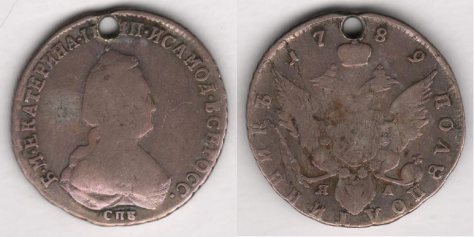 Аверс: В центре -- портрет (бюст) Екатерины II вправо, образца 1777 г. (сильно потёрт): женщина с длинными, вьющимися, ниспадающими на спину,     
локонами, на голове небольшая корона, увенчанная крестом и лавровый венок. Вдоль края монеты, подковообразная надпись с разрывом внизу: Б.М.ЕКАТЕРИНА.II. ...П.ИСАМОД.ВСЕРОСС.. Внизу, между обрезом портрета и краем монеты, знак монетного двора «СПБ».
Реверс: В центре -- малый герб (сильно потёрт) Российской империи (вторая разновидность): коронованный двуглавый орёл, над головами большая императорская корона, состоящая из двух полушарий и увенчанная державой с крестом (крест утрачен); в правой лапе скипетр, в левой -- держава с крестом; на груди орла геральдический щит -- т. н. барочный щит-картуш (стёрта верхняя часть щита; почти полностью стёрт герб): на фоне из прямых вертикальных параллельных линий (красный цвет в геральдике) всадник -- св. Георгий Победоносец, обращённый геральдически влево, поражающий копьём дракона (фигуры св. Георгия и дракона очень сильно потёрты, плохо различимы); на плечи орла надета цепь ордена св. Андрея Первозванного, состоящая из чередующихся звеньев в виде косых (т. н. андреевских) крестов и двуглавых орлов (окружает щит-картуш с трёх сторон), знак ордена (стёрт почти полностью) -- коронованый двуглавый орёл, «держаций» косой (т. н. андреевский) крест, расположен на хвосте орла. Над гербом, вдоль края монеты, дата (с разрывом около большой императорской короны герба): 17 89. Вокруг герба, вдоль края монеты, надпись с разрывом вверху около даты: ПОΛУПОΛТИНННИКЪ.. Под гербом (под лапами орла) буквы ЯА (инициалы минцмейстера), выполненные мелким шрифтом.
Гурт: шнуровидный
бюст Екатерины II вправо, на обороте - орел