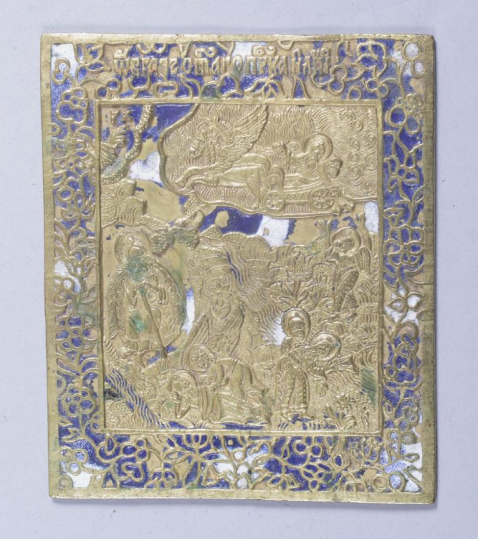 В рамке четырехугольной формы с орнаментом из цветов и трав изображено восхождение пророка Ильи на небо.
