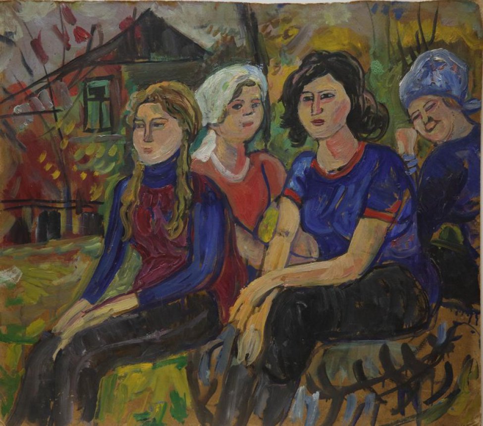 На фоне осеннего пейзажа с красной и желто-зеленой листвой изображены четыре сидящие на скамейке (?) перед домом девушки. Две девушки в платках. Первая слева – с двумя косичками, справа от нее – с темными волосами.