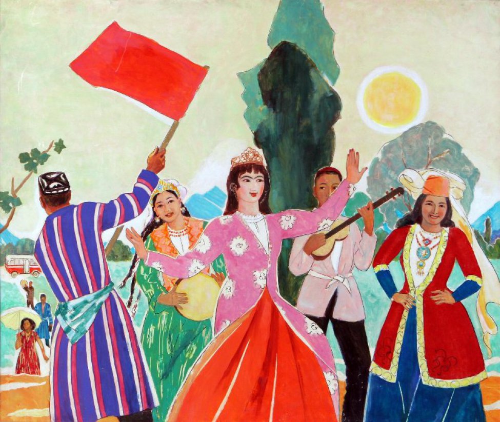 На светлом фоне с диском солнца изображена группа людей в национальных одеждах. Мужчина (изображен со спины) с флагом, второй - с гитарой. Одна девушка изображена в танце, другая - с бубном...