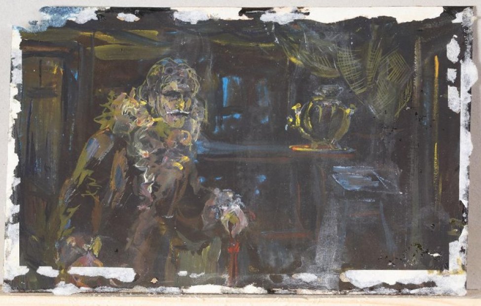 В интерьере избы с окном в центре композиции слева поколенное изображение мужчины с усами, опирающегося на трость. Справа на столе самовар.