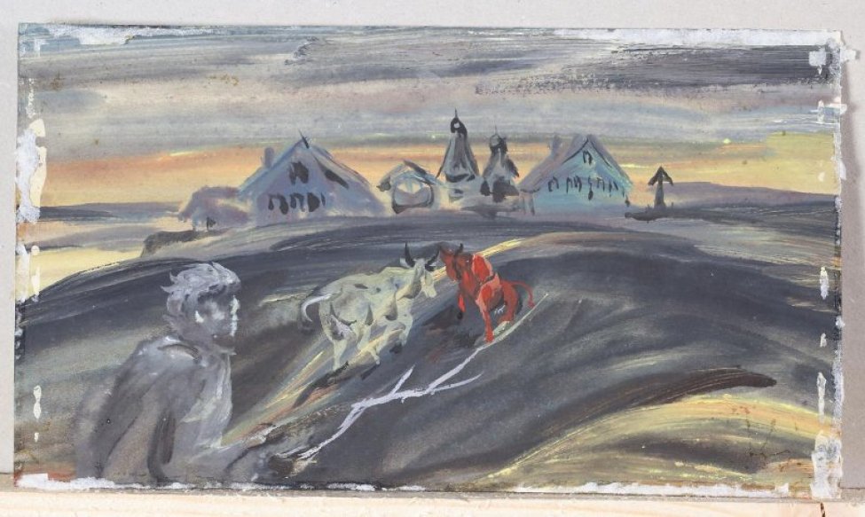 Слева условное погрудное изображение в профиль человеческой фигуры. На втором плане - две коровы. Вдалеке на фоне неба - силуэты домов, церквей, погоста.