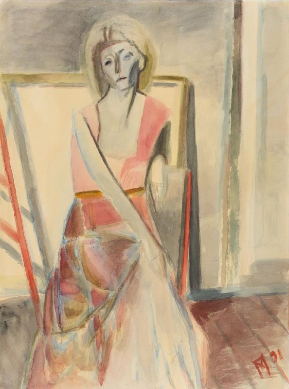 В интерьере мастерской художника на фоне рам - поколенное изображение сидящей девушки с пышной короткой стрижкой, в открытой розовой блузке, пестрой юбке. Правая рука лежит на коленях.