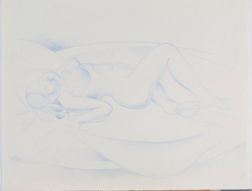 На фоне драпировок изображена лежащая на спине на плоскости обнаженная молодая женщина. Правая рука откинута в сторону, правая нога, согнутая в колене, приподнята.