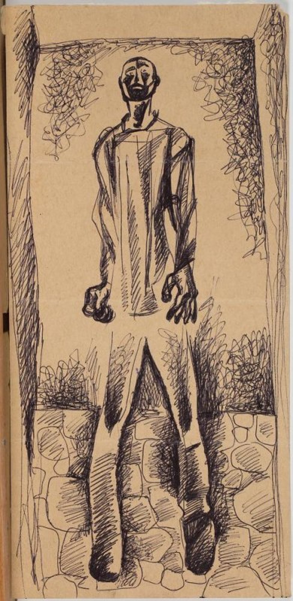 В центре композиции в проеме двери на брусчатке изображен в рост молодой худощавый мужчина с крепко прижатыми к телу крупными руками.