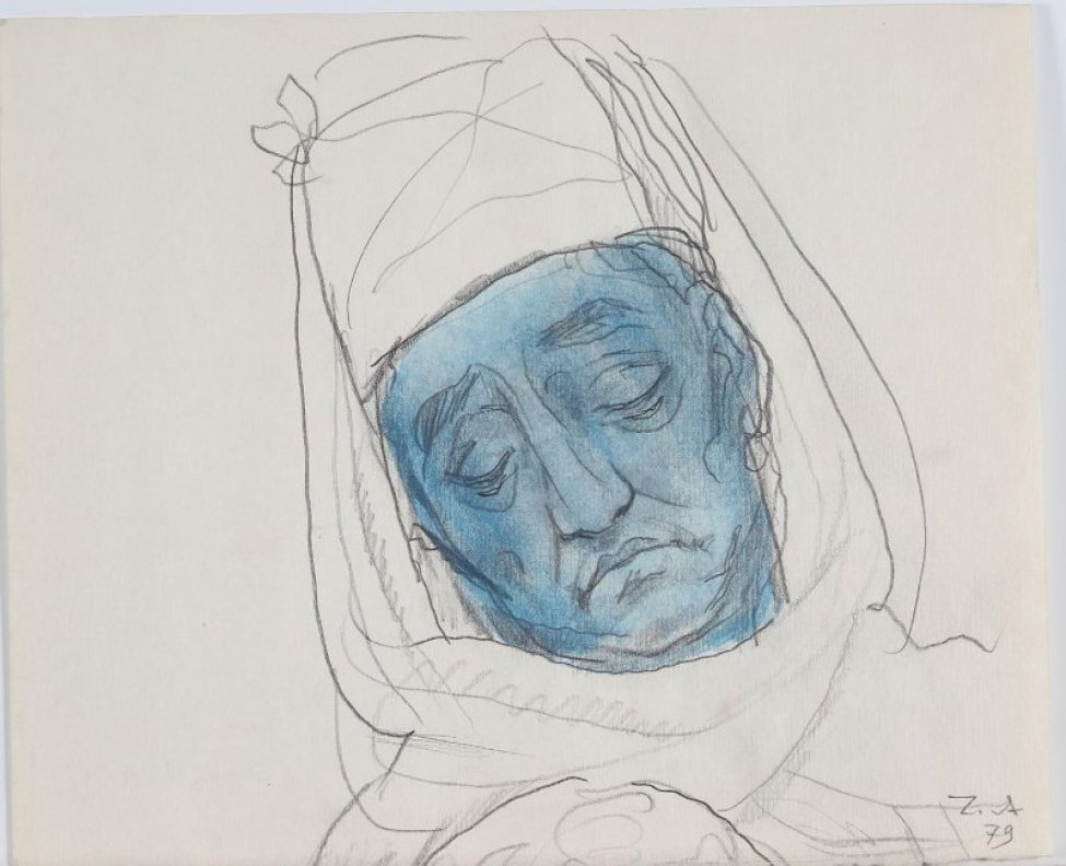 Оплечное изображение в легком повороте вправо спящего пожилого мужчины в светлом головном уборе.