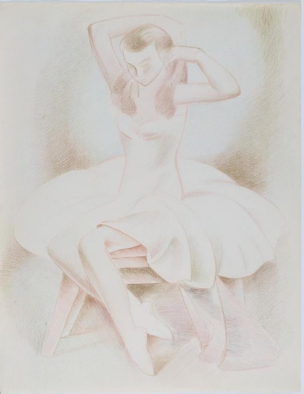 На коричневато-голубоватом фоне изображена в легком повороте влево сидящая на табурете молодая женщина с распущенными по плечам волосами, в светлом платье. Руки подняты к голове; ноги, сомкнутые вместе, стоят на пальчиках.