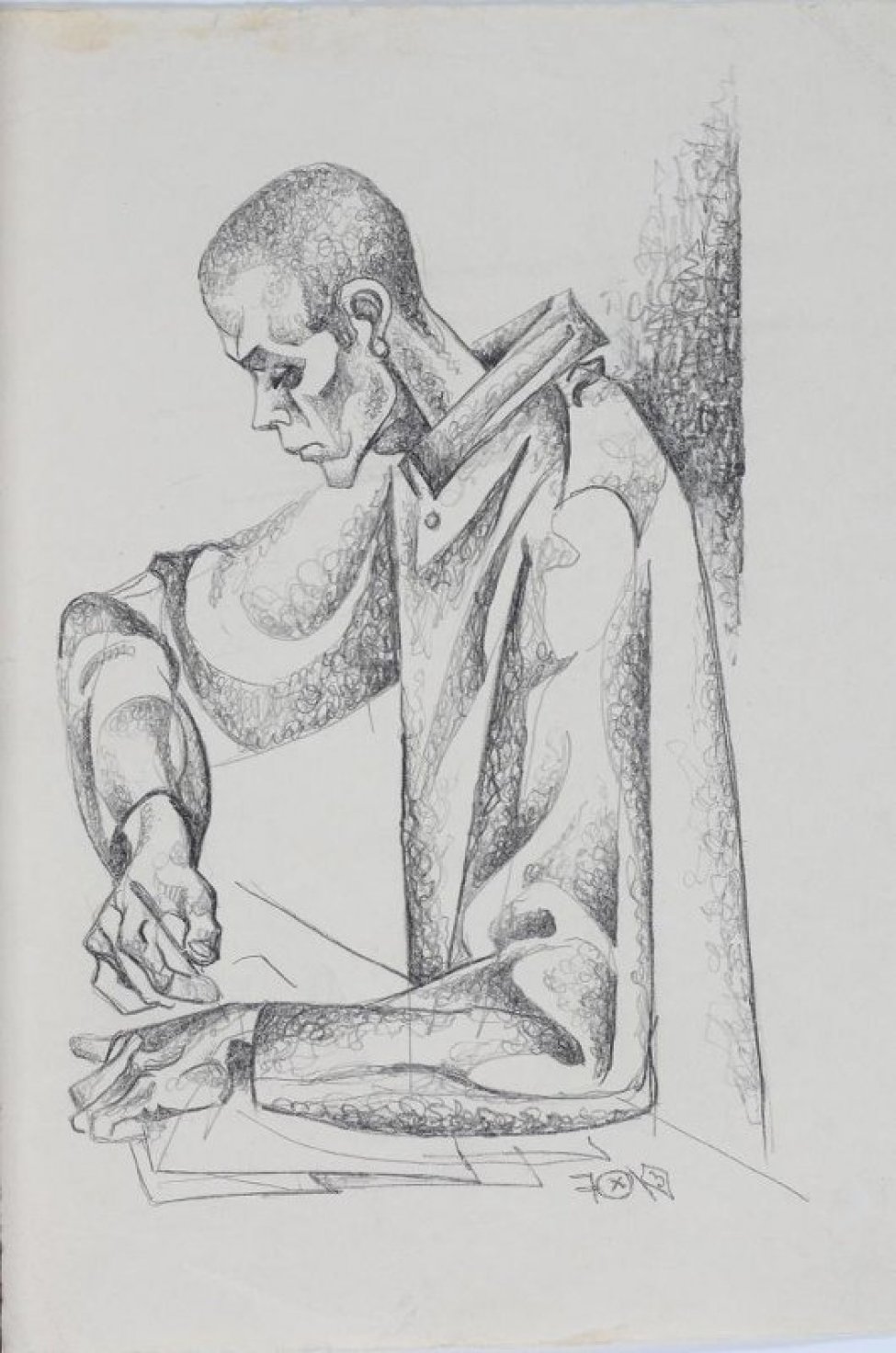 Поясное изображение в профиль сидящего за столом молодого мужчины в рабочей куртке, с карандашом в руке.