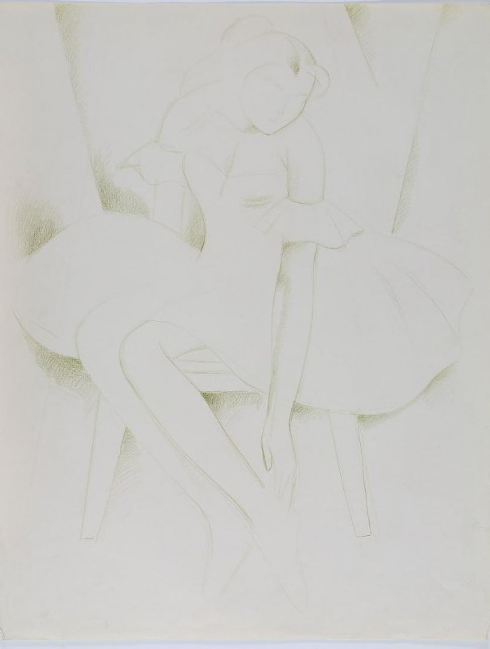 Изображена сидящая на табурете молодая женщина в светлом платье. Голова в легком повороте вправо опущена вниз, правая рука опущенная вниз лежит на щиколотке.