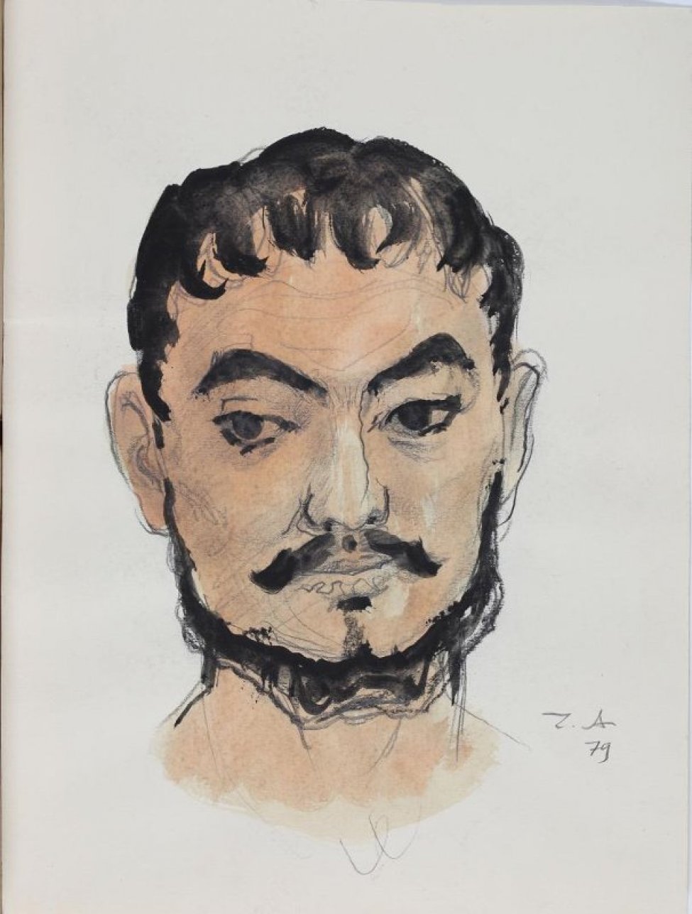 Оплечное изображение в фас молодого темноволосого мужчины с усиками и бородой.